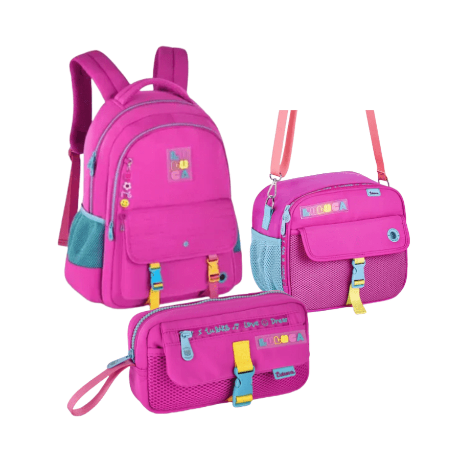 Conjunto Mochila + Lancheira + Estojo Rosa Luluca - Papelaria Encantada
