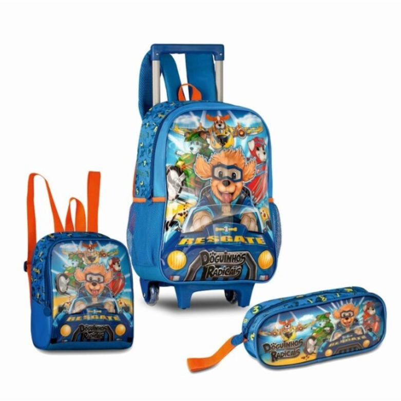 Conjunto Mochila Trolley + Lancheira + Estojo Doguinhos radicais - Papelaria Encantada