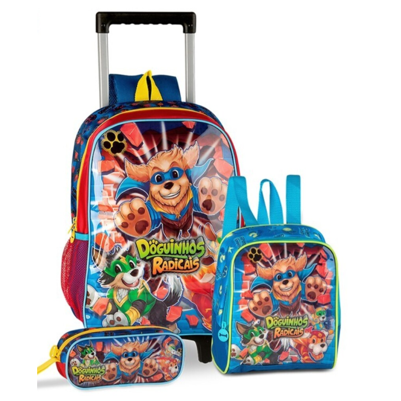 Conjunto Mochila Trolley + Lancheira + Estojo Doguinhos radicais - Papelaria Encantada
