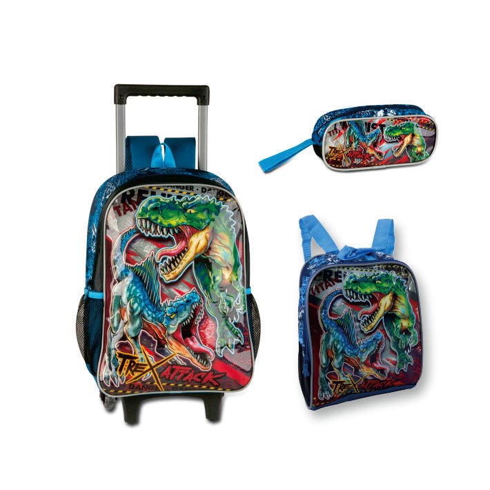Conjunto mochila Trolley + Lancheira + Estojo T-Rex - Papelaria Encantada