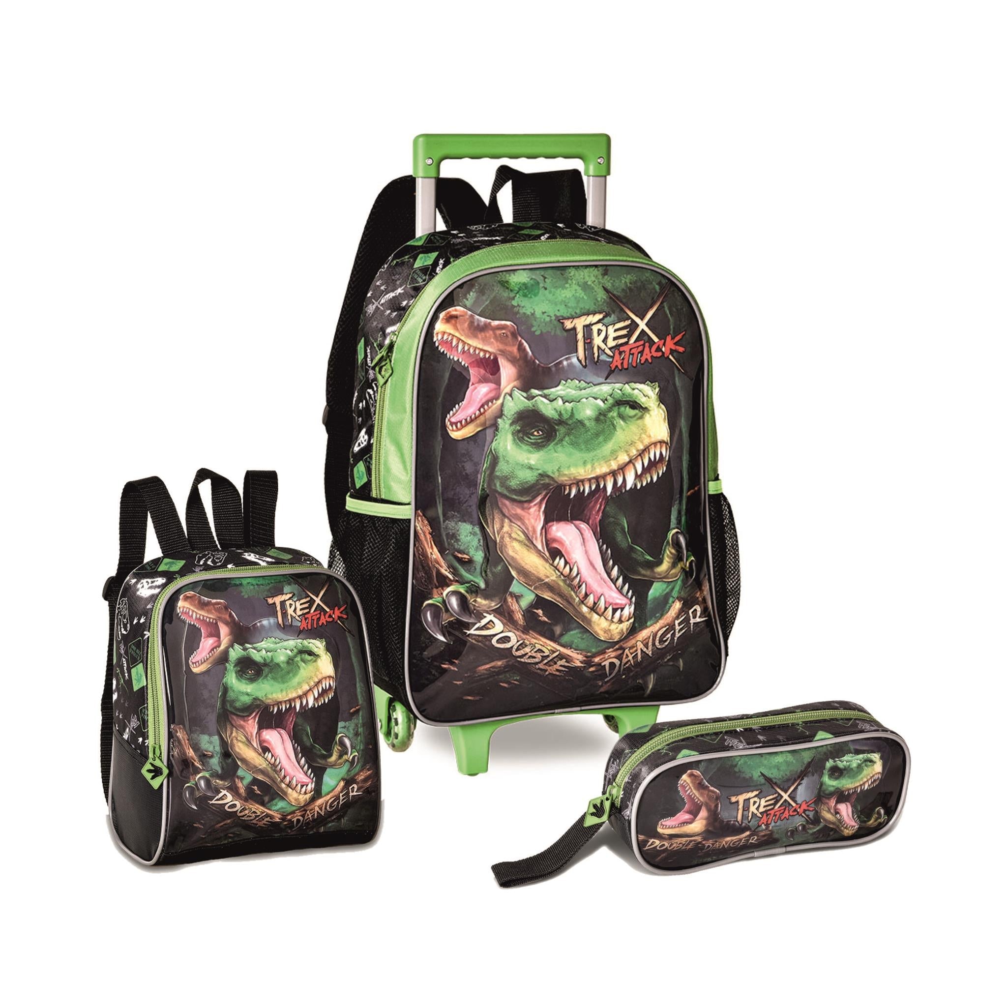 Conjunto Mochila Trolley + Lancheira + Estojo T-Rex - Papelaria Encantada