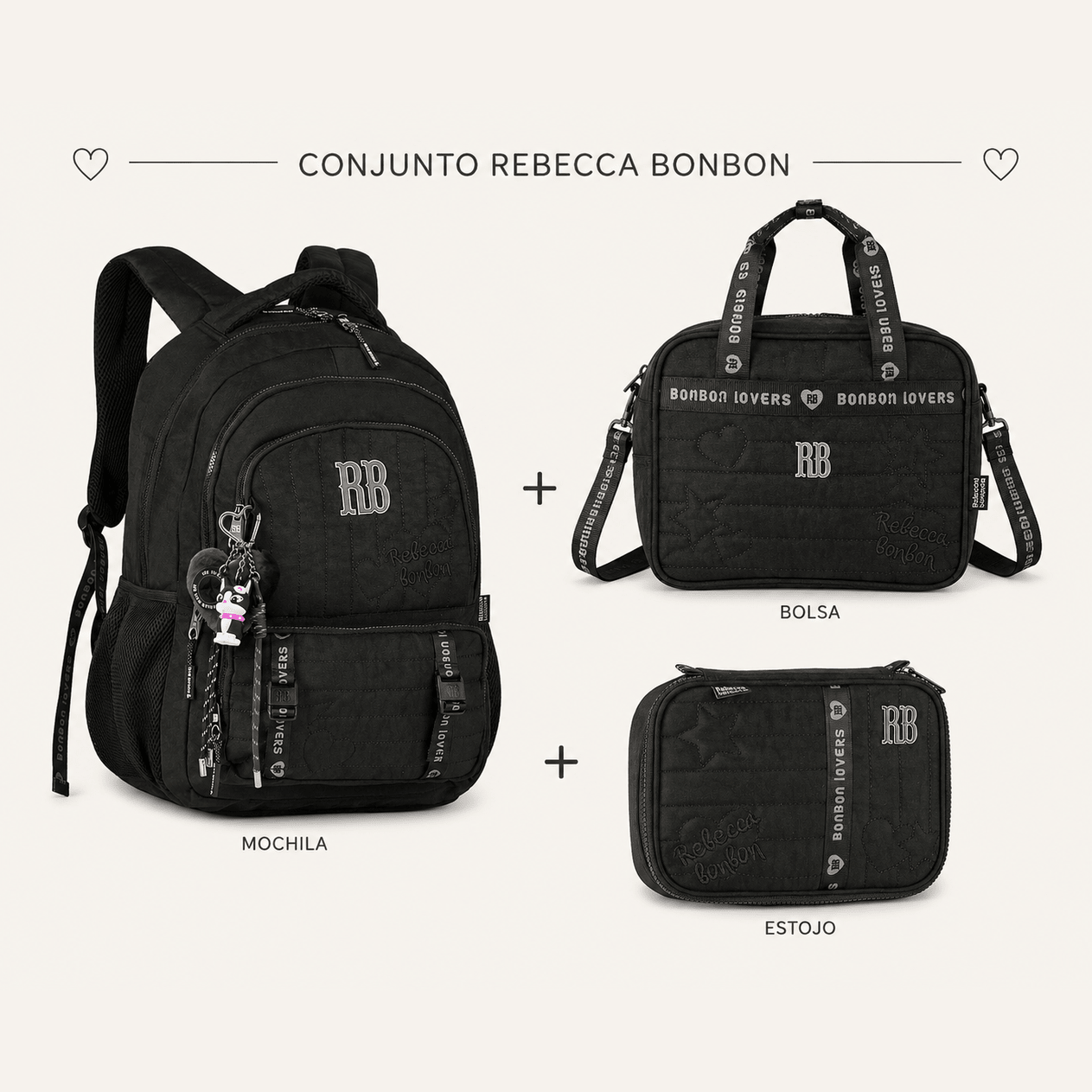 Conjunto Rebecca Bonbon Preto Mochila+Estojo+Lancheira - Papelaria Encantada