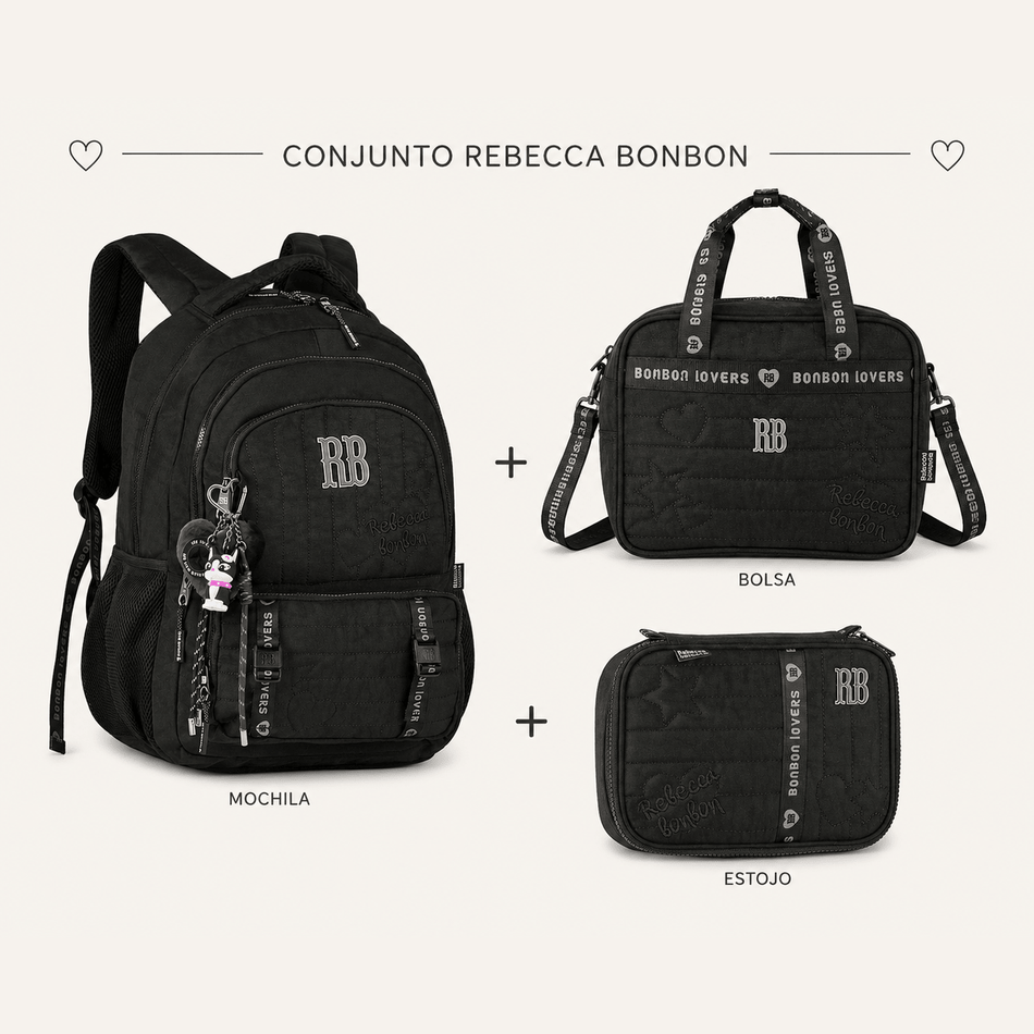 Conjunto Rebecca Bonbon Preto Mochila+Estojo+Lancheira - Papelaria Encantada