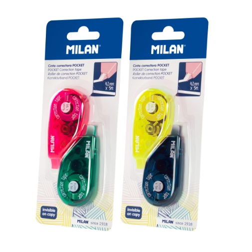 Corretor de fita Milan Pocket 4,2 mm x 5 m – packs de 2, Rosa e Verde ou Amarelo e Azul