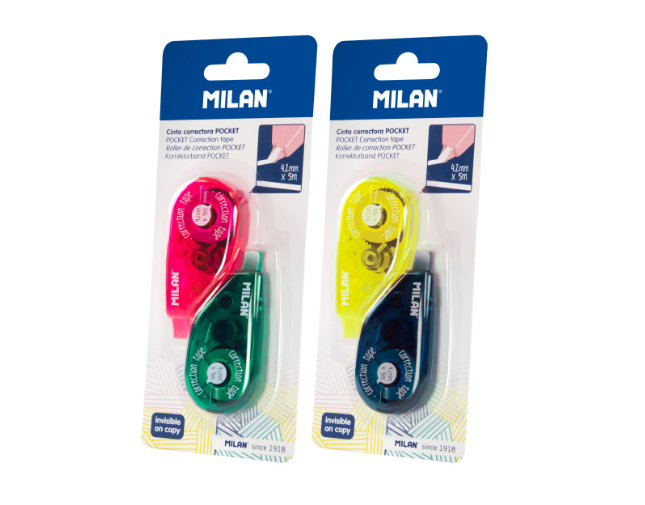 Corretor de fita Milan Pocket 4,2 mm x 5 m – packs de 2, Rosa e Verde ou Amarelo e Azul