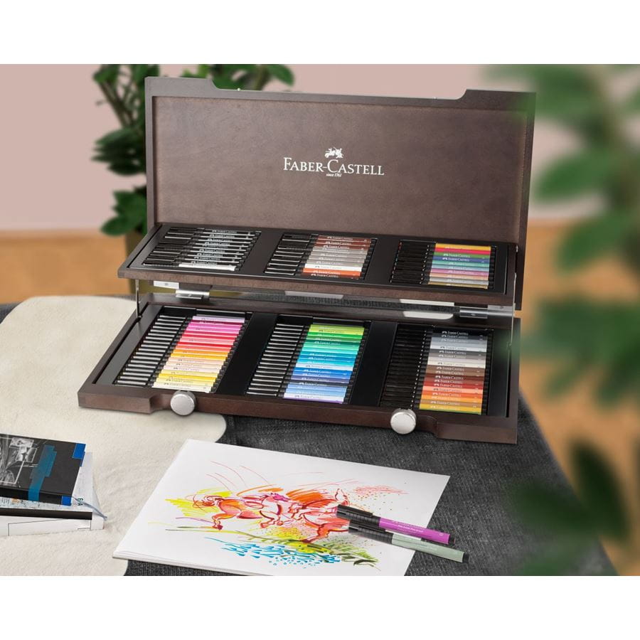 Estojo de Madeira Faber-Castell Pitt Artist Pen – 90 Marcadores – detalhe