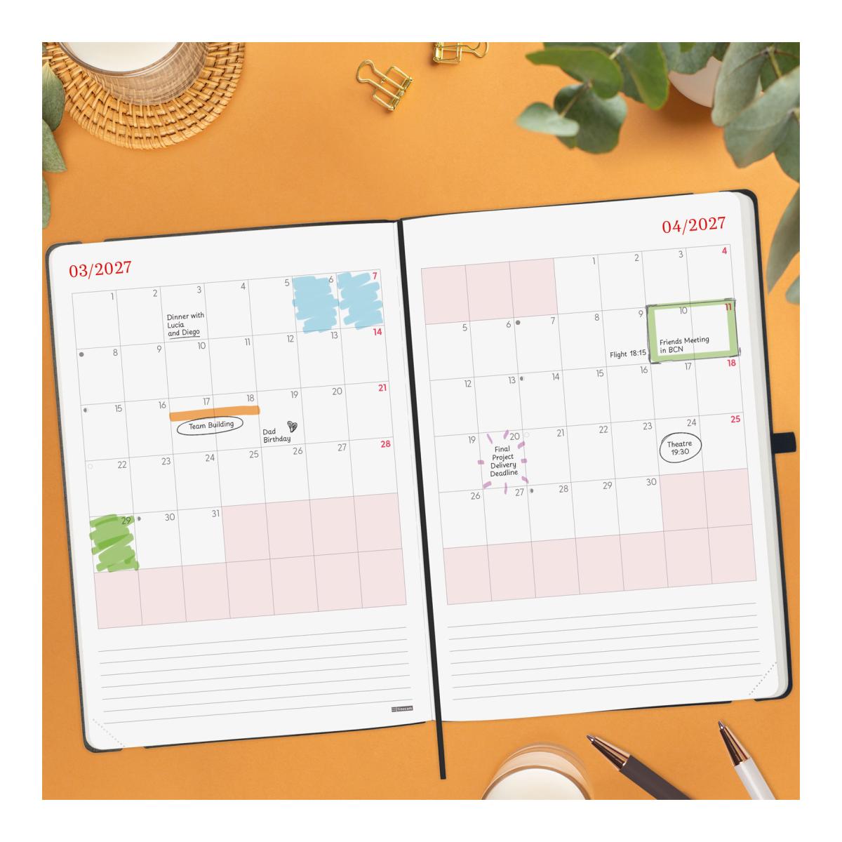 Agenda diária Finocam Capri preta 2027 B5 176 × 250 mm