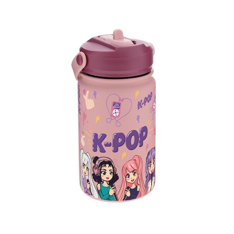 Garrafa térmica 330ML com adaptador infantil K - Pop - Rosa - Papelaria Encantada