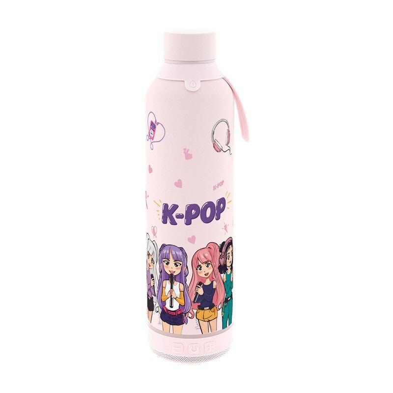 Garrafa térmica 600ML com coluna bluetooth - K - pop Rosa - Papelaria Encantada