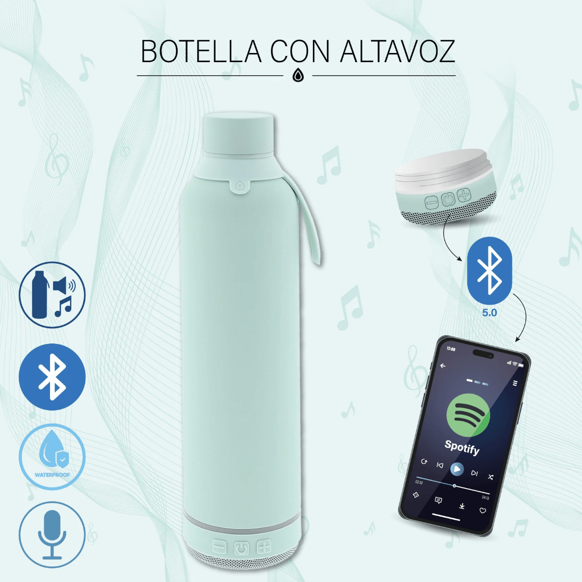 Garrafa térmica 600ML com coluna bluetooth - Mint Capivara time - Papelaria Encantada