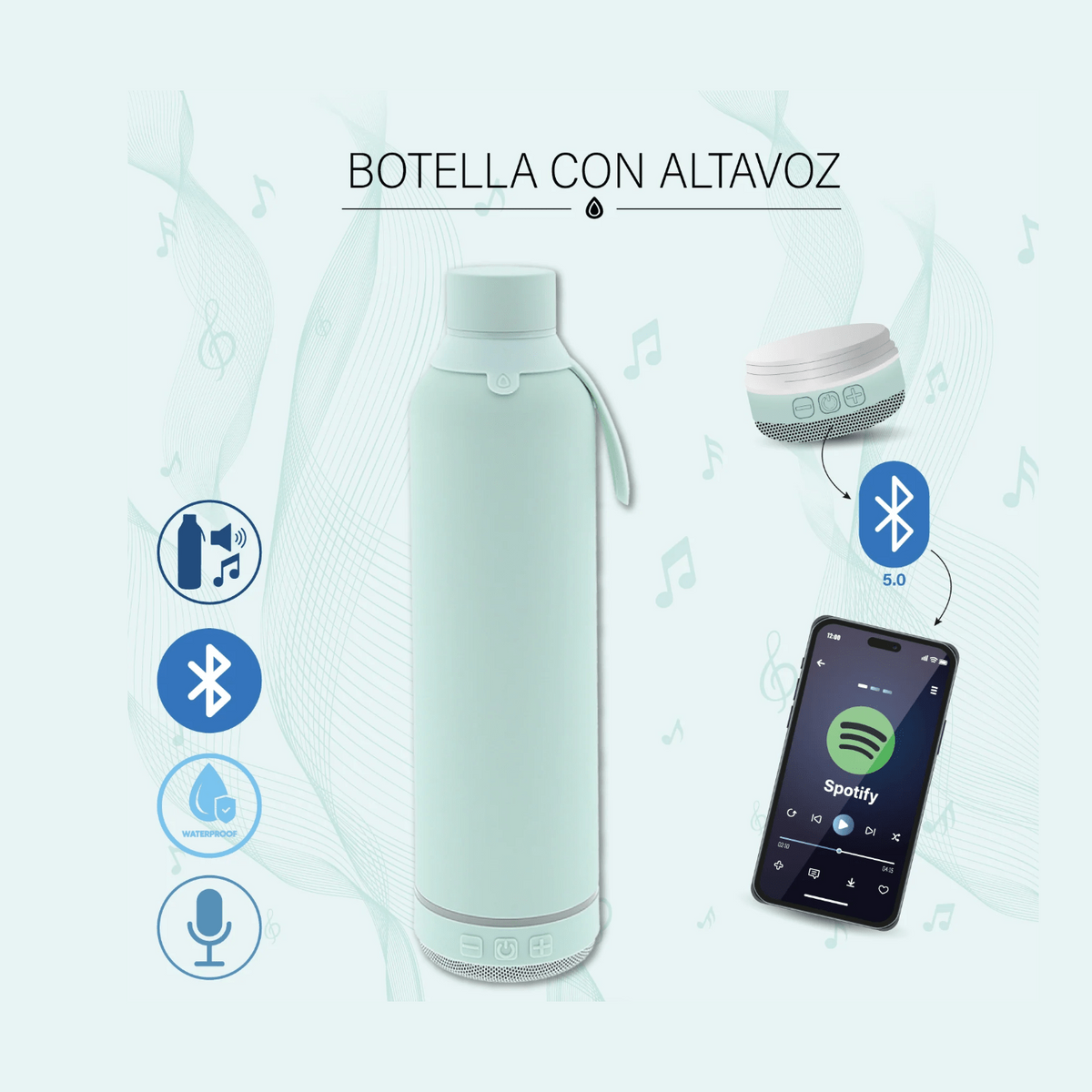 Garrafa térmica 600ML com coluna bluetooth - Mint Capivara time - Papelaria Encantada
