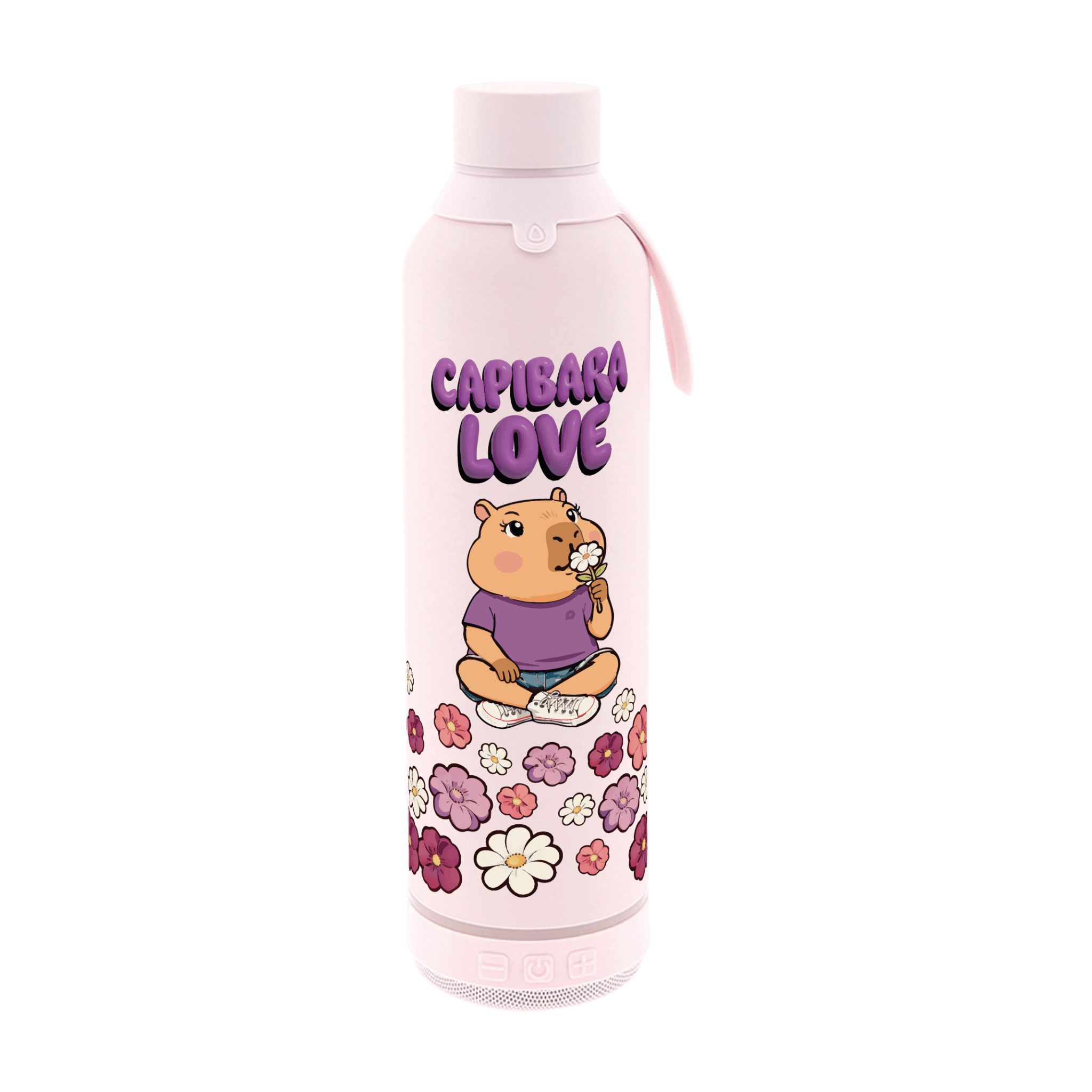 Garrafa térmica 600ML com coluna bluetooth - Rosa - Capivara Love - Papelaria Encantada