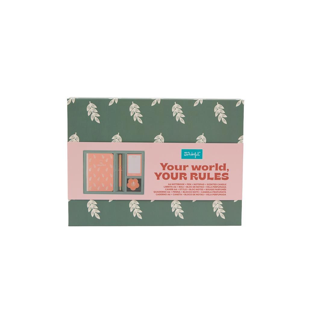 Kit com caderno A6 + caneta + bloco de notas + vela perfumada - Eu, eu mesmo & eu Mr.wonderful - Papelaria Encantada