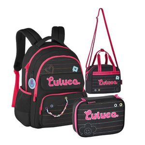 Kit Mochila + Estojo + Lancheira Luluca Preto - Papelaria Encantada