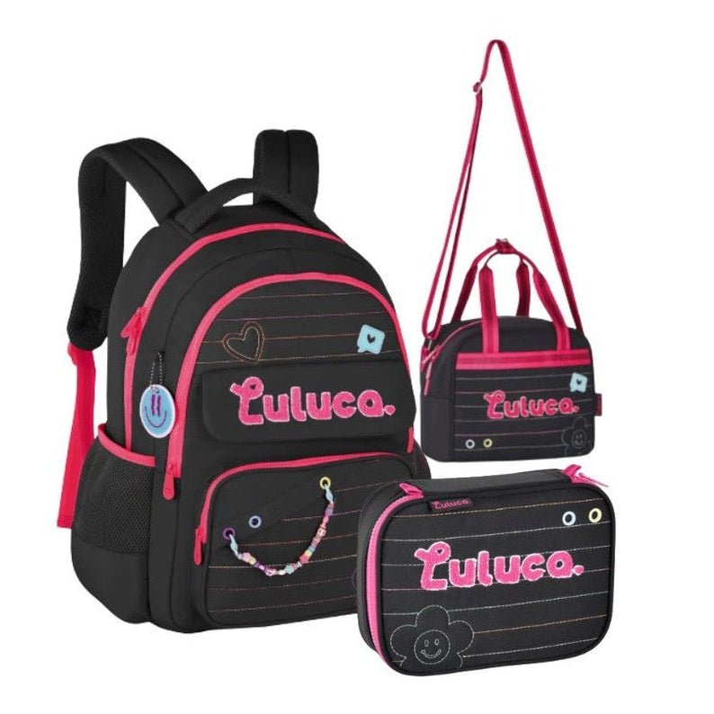Kit Mochila + Estojo + Lancheira Luluca Preto - Papelaria Encantada