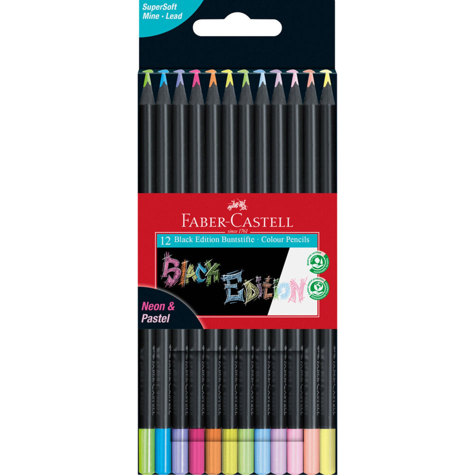 Lápis de Cor Black Edition, Blister 12 Cores Pastel + Néon Faber - Castell - Papelaria Encantada