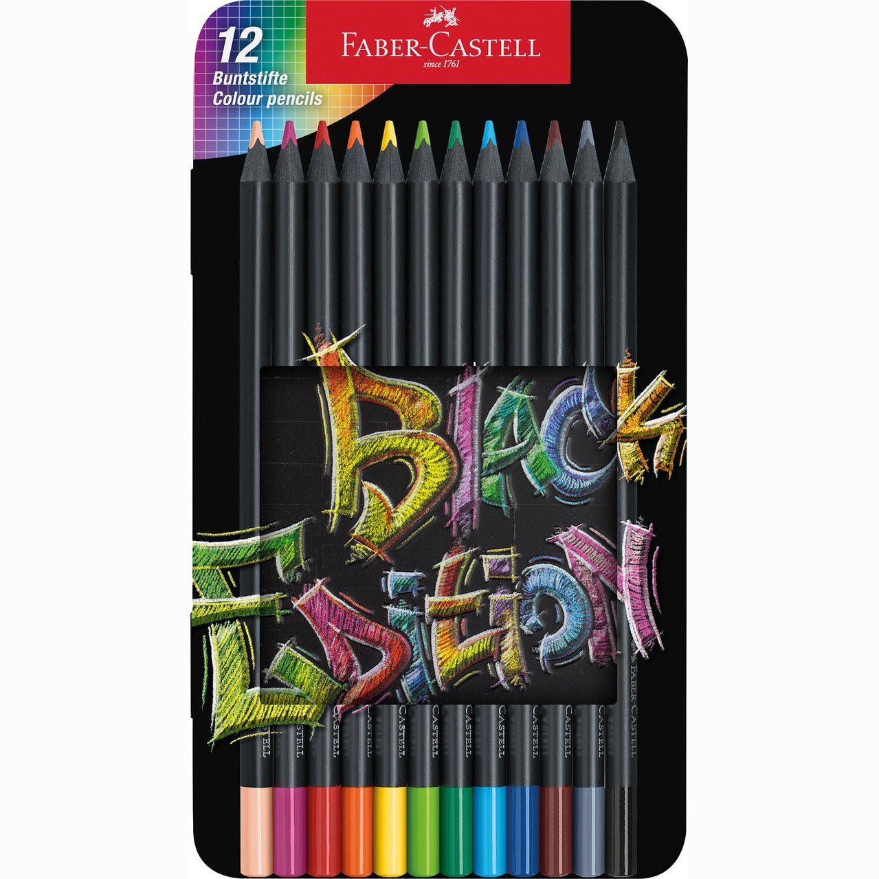 Lápis de cor Black-edition Faber-Castell caixa metálica 12 - Papelaria Encantada