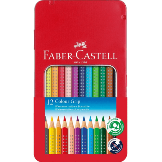 Lápis de cor Faber - castell Grip cx12 - Caixa metálica - Papelaria Encantada