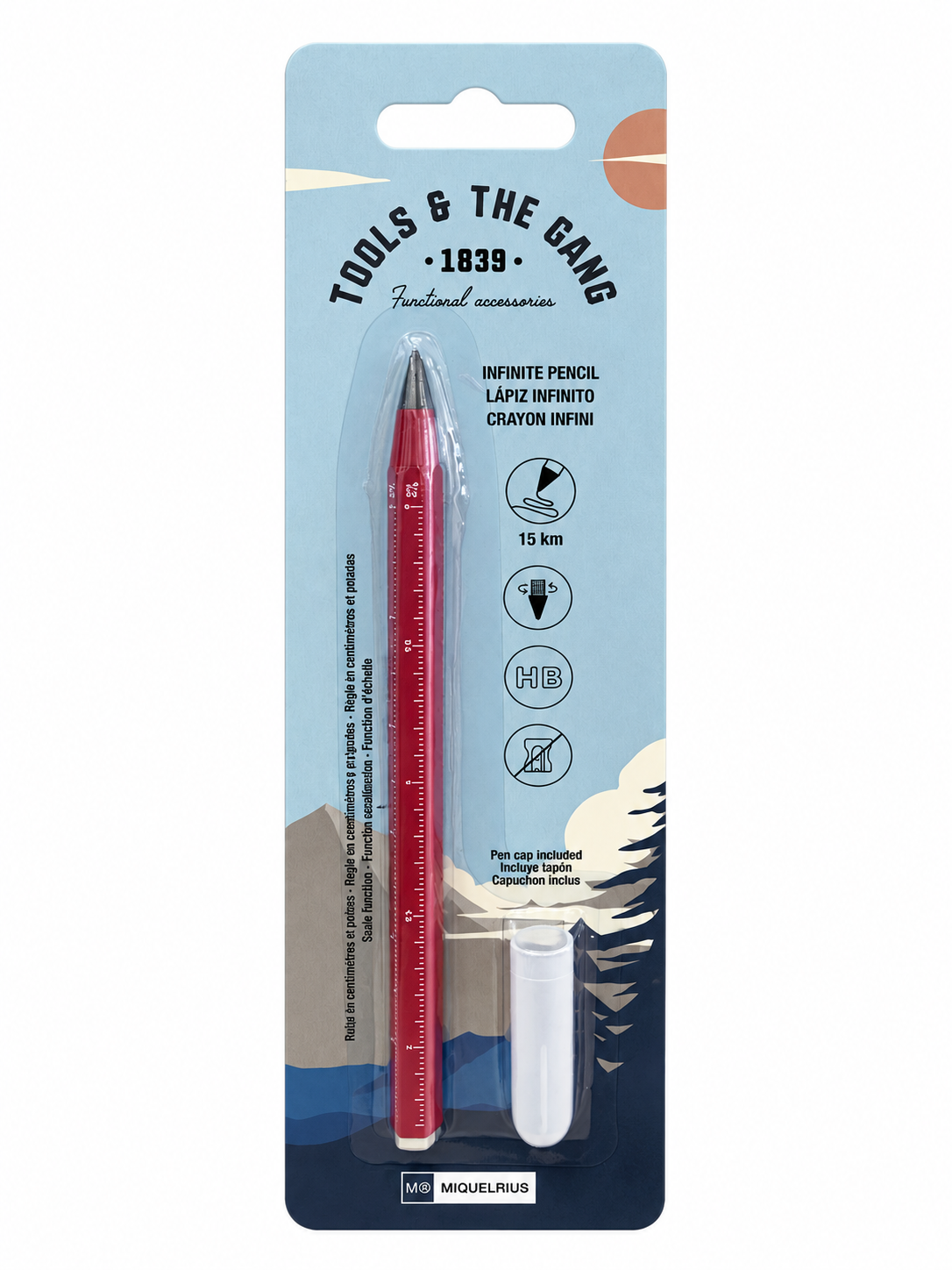 Lápis infinito Miquelrius Tools & The Gang vermelho com tampa, embalagem de frente sobre fundo branco