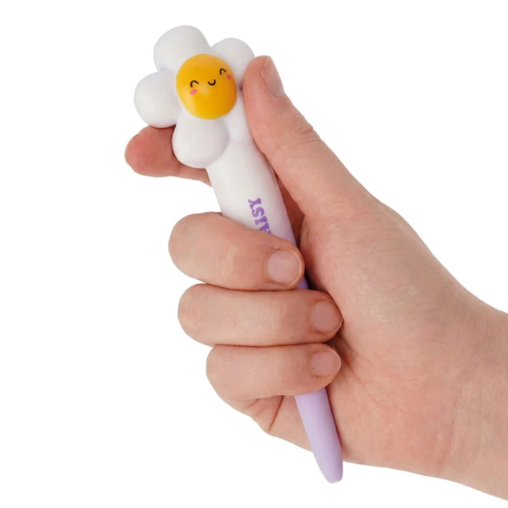 Demonstração da textura macia antisstress da caneta Legami Squeezies Daisy