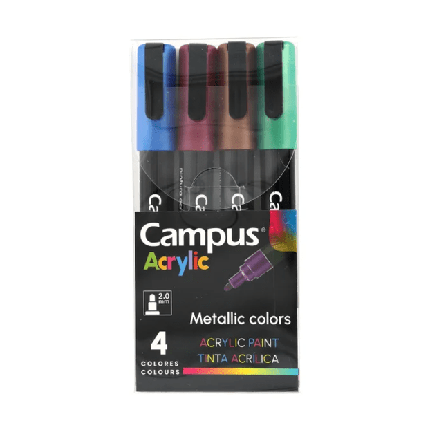 Marcadores Acrílicos Campus Ponta Cônica 2 mm Caixa com 4 Cores Metálicas - Papelaria Encantada