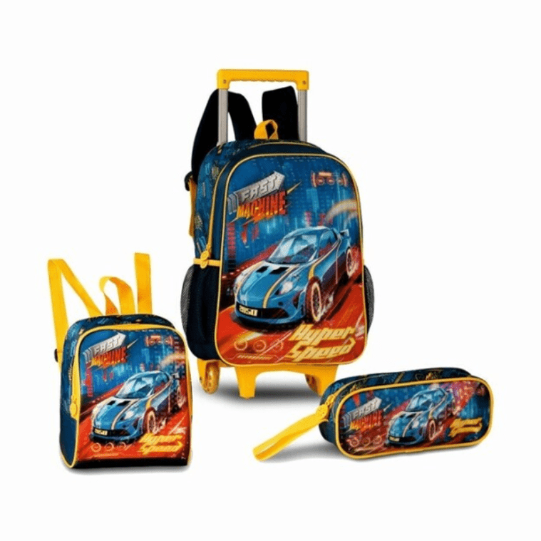 Mochila escolar com trolley carros + Lancheira + Estojo - Papelaria Encantada