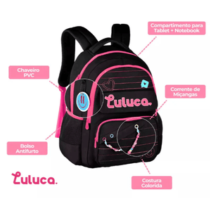 Mochila escolar Luluca Preto 44cm - Papelaria Encantada