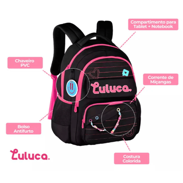 Mochila escolar Luluca Preto 44cm - Papelaria Encantada