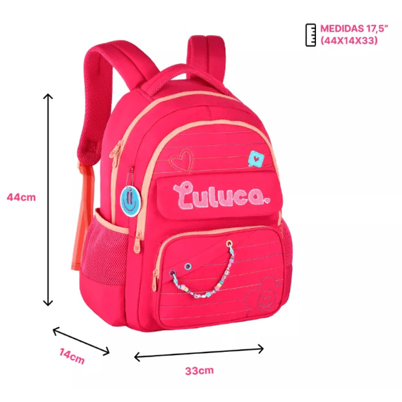 Mochila escolar Luluca Rosa 44cm - Papelaria Encantada