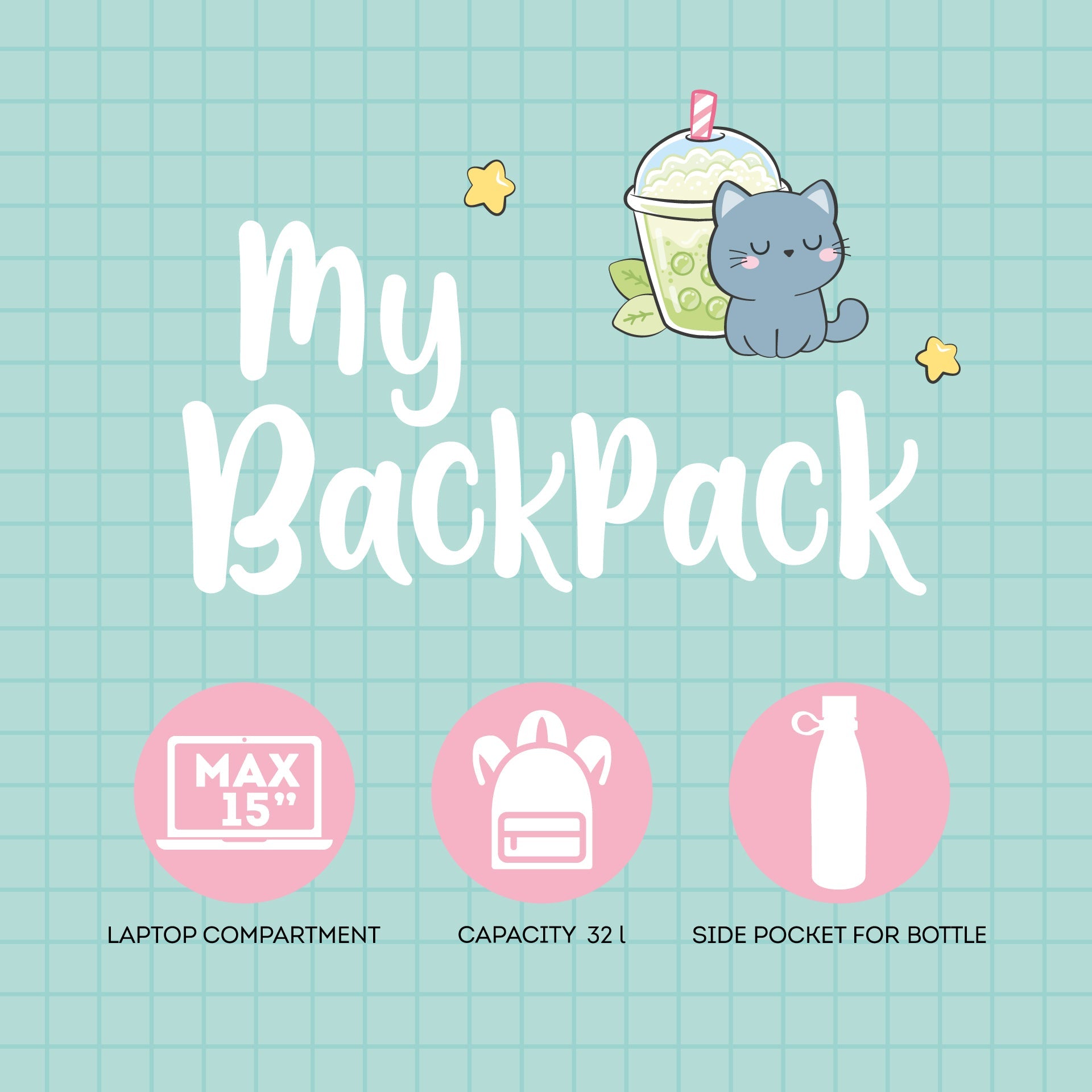Mochila Legami Gato Bubble Tea - Papelaria Encantada