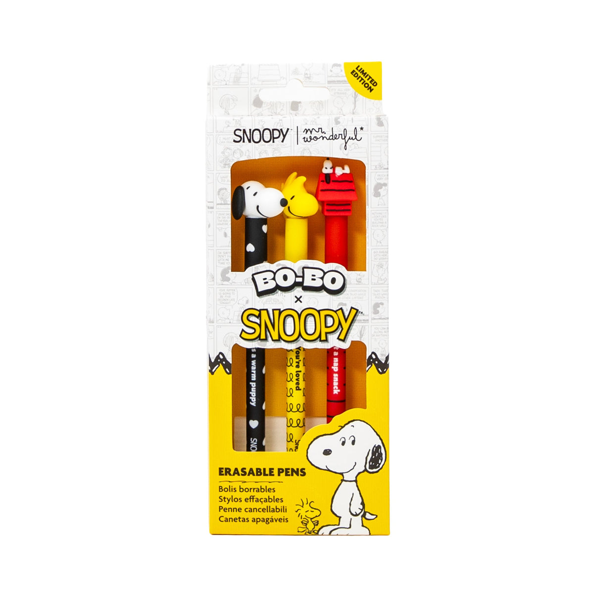 Conjunto de 3 canetas apagáveis Bo-Bo – Snoopy + Woodstock + Casa — vista principal