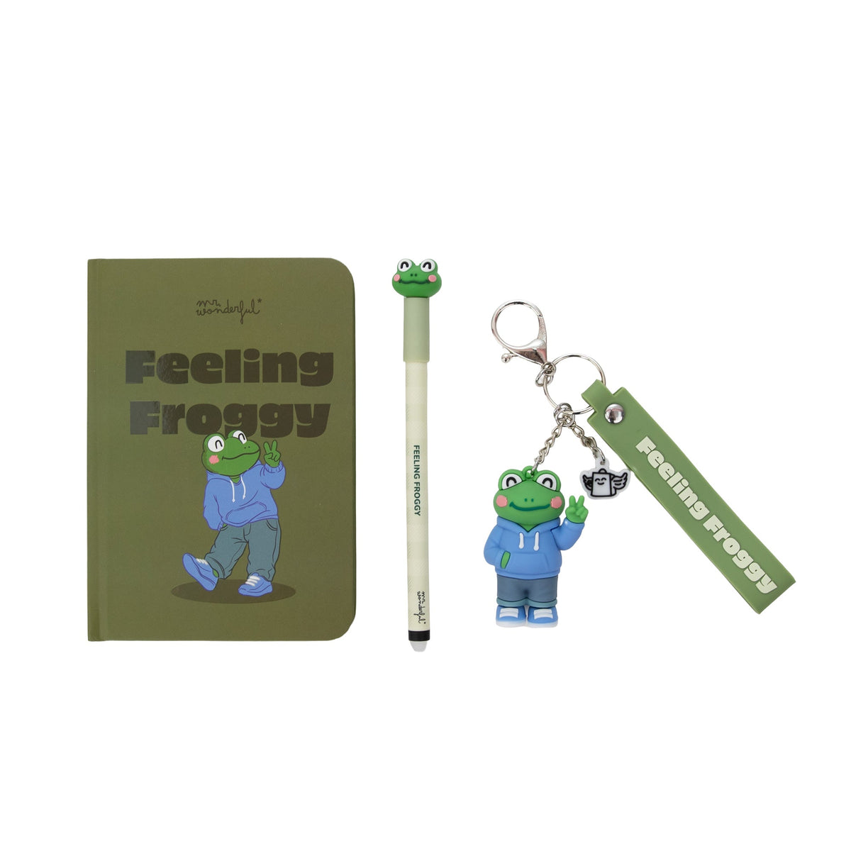 Conjunto Rã — Caderno A6, porta-chaves e caneta Bo-Bo Feeling froggy — detalhe 1