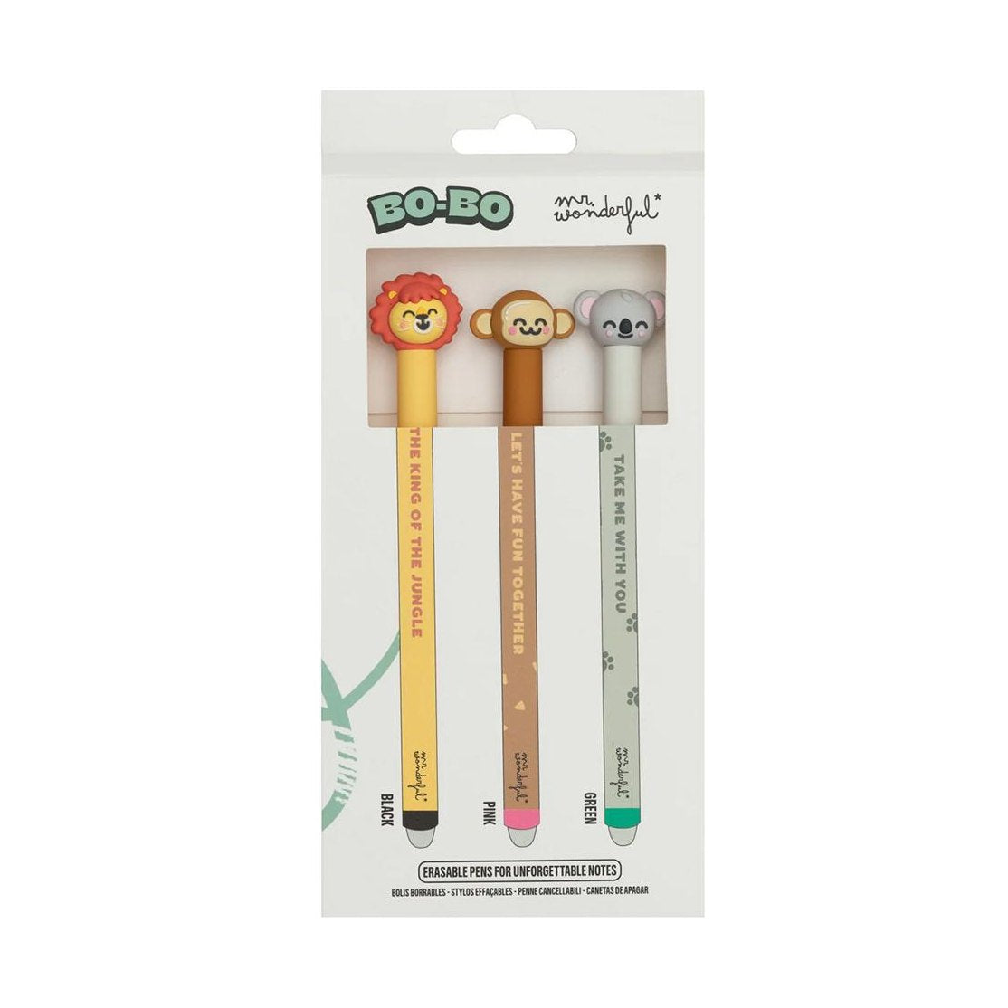 Pack 3 canetas apagáveis Bo - bo para notas sem par - Leão, macaco e coala Mr Wonderful - Papelaria Encantada