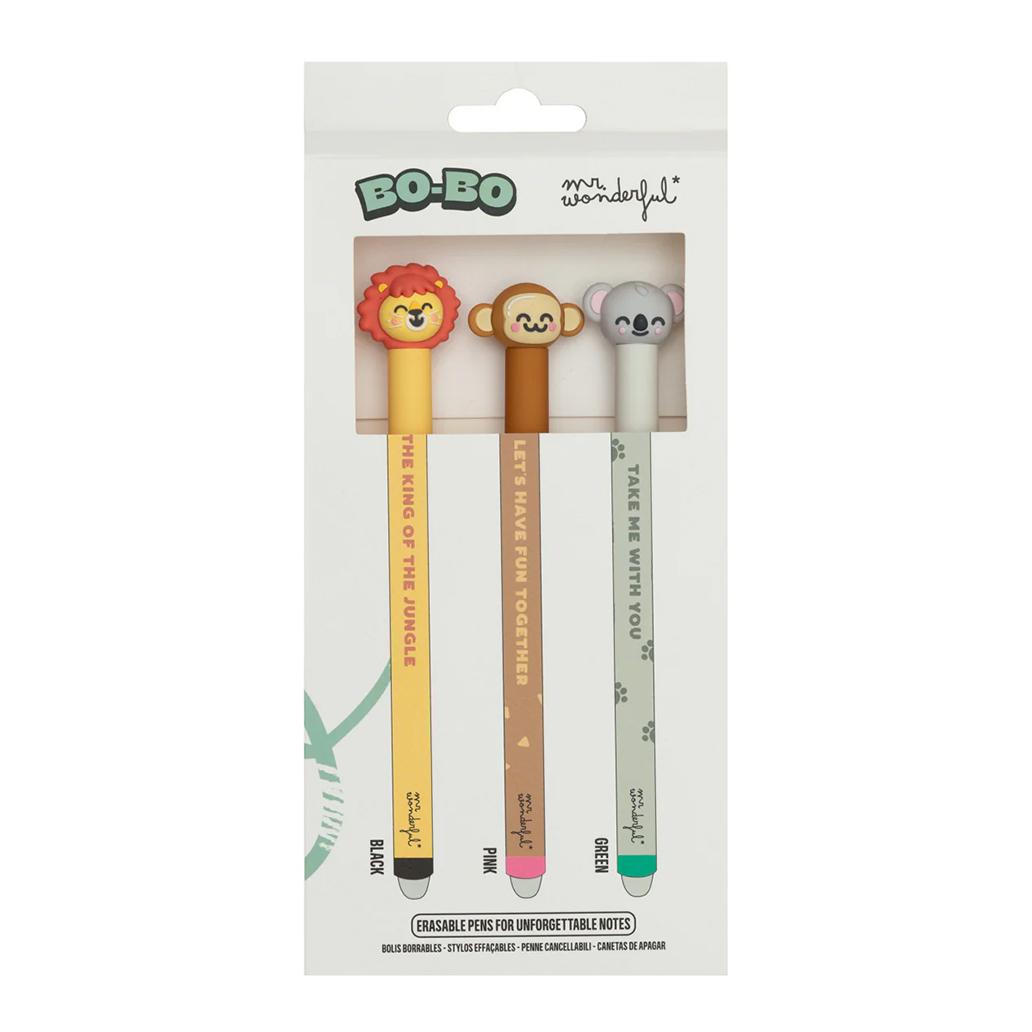 Pack 3 canetas apagáveis Bo - bo para notas sem par - Leão, macaco e coala Mr Wonderful - Papelaria Encantada