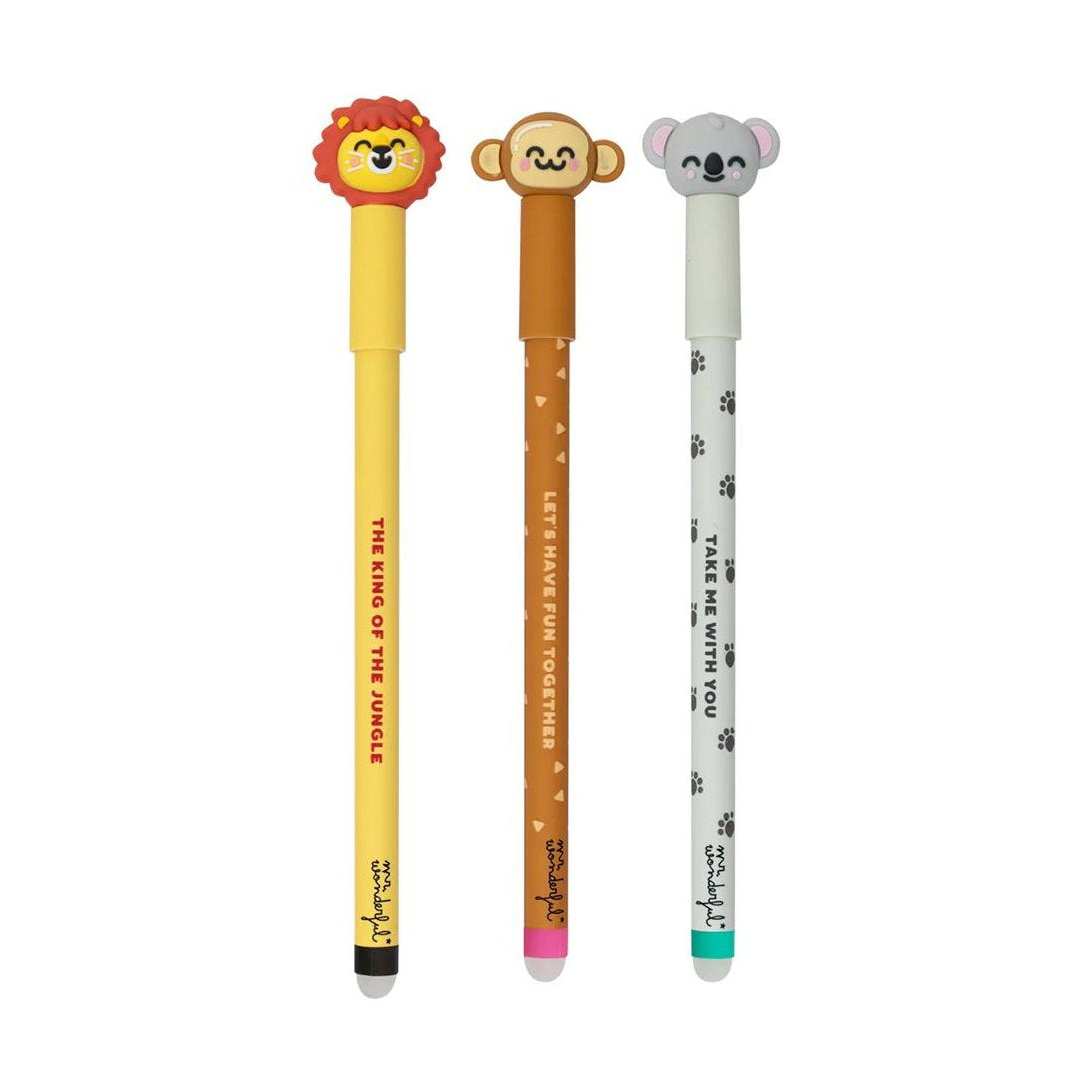 Pack 3 canetas apagáveis Bo - bo para notas sem par - Leão, macaco e coala Mr Wonderful - Papelaria Encantada