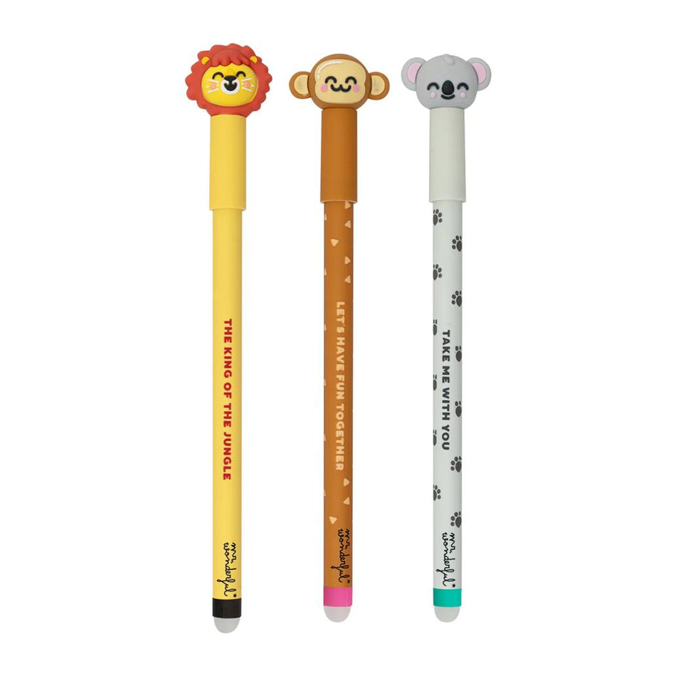 Pack 3 canetas apagáveis Bo - bo para notas sem par - Leão, macaco e coala Mr Wonderful - Papelaria Encantada