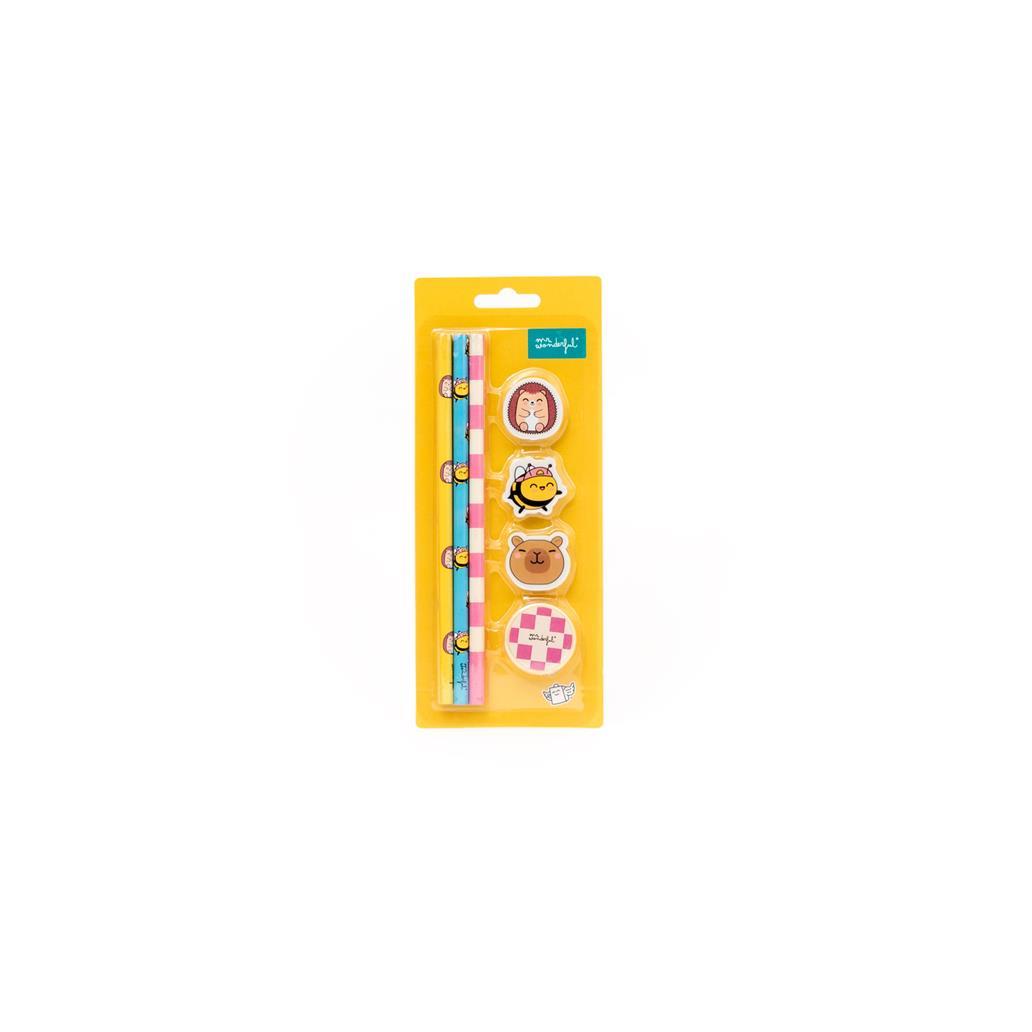 Pack de 3 Lápis + 3 Borrachas + 1 Apara-lápis - Wonder Comic - Mr Wonderful - Papelaria Encantada