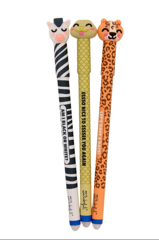 Set de 3 esferográficas apagáveis Bo-Bo - Cobra, leopardo e zebra - Mr Wonderful