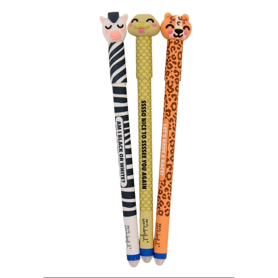 Set de 3 esferográficas apagáveis Bo - Bo - Cobra, leopardo e zebra - Mr Wonderful - Papelaria Encantada