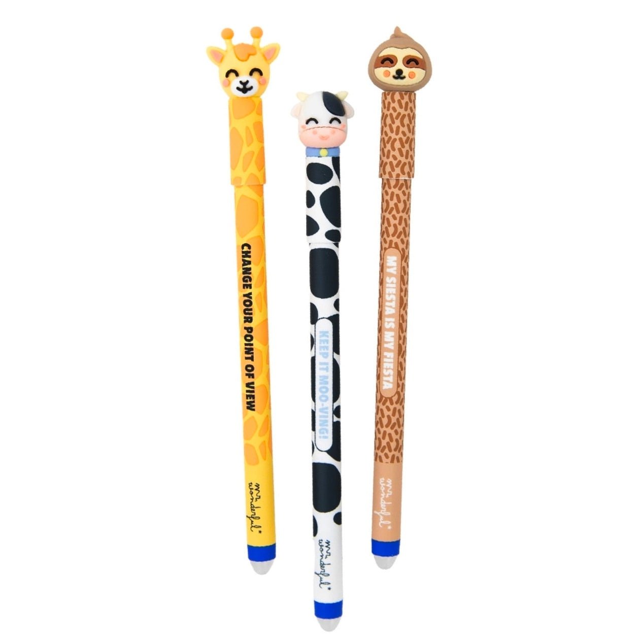 Set de 3 esferográficas apagáveis Bo - Bo - Girafa, vaca e preguiça - Mr. Wonderful - Papelaria Encantada
