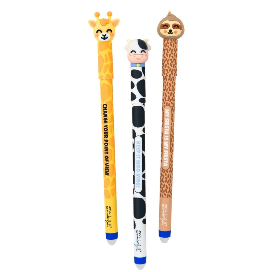 Set de 3 esferográficas apagáveis Bo - Bo - Girafa, vaca e preguiça - Mr. Wonderful - Papelaria Encantada