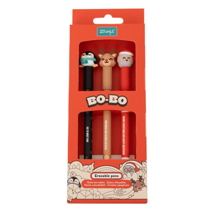 Set de 3 esferográficas apagáveis Bo - Bo - Pai Natal, pinguim e rena Mr. Wonderful - Papelaria Encantada