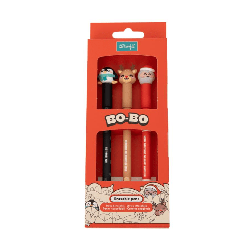 Set de 3 esferográficas apagáveis Bo - Bo - Pai Natal, pinguim e rena Mr. Wonderful - Papelaria Encantada