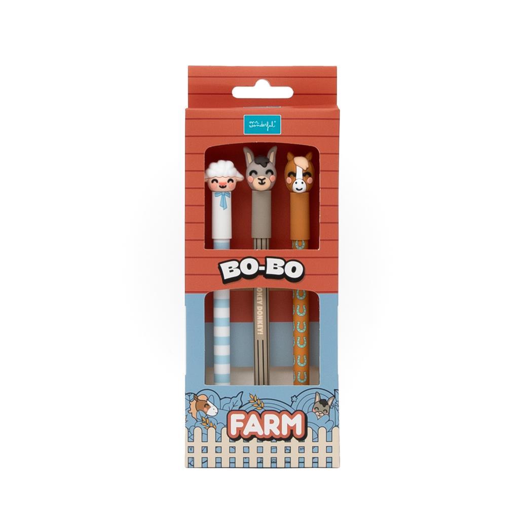 Set de 3 Esferográficas apagáveis Bo - Bo Quinta - Ovelha, Burro e Cavalo - Mr. Wonderful - Papelaria Encantada