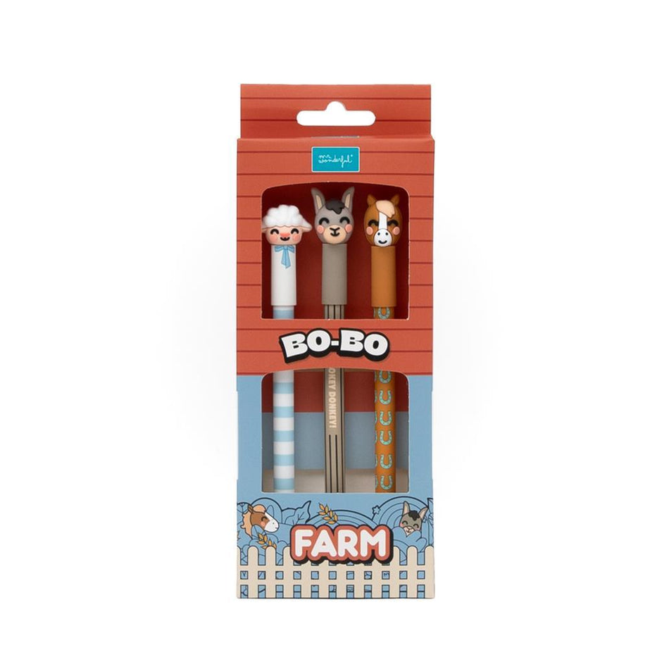 Set de 3 Esferográficas apagáveis Bo - Bo Quinta - Ovelha, Burro e Cavalo - Mr. Wonderful - Papelaria Encantada