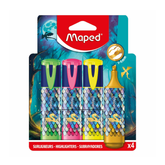 Sublinhador fluorescente MAPED Dragon - 3 cores néon + dourado - Papelaria Encantada