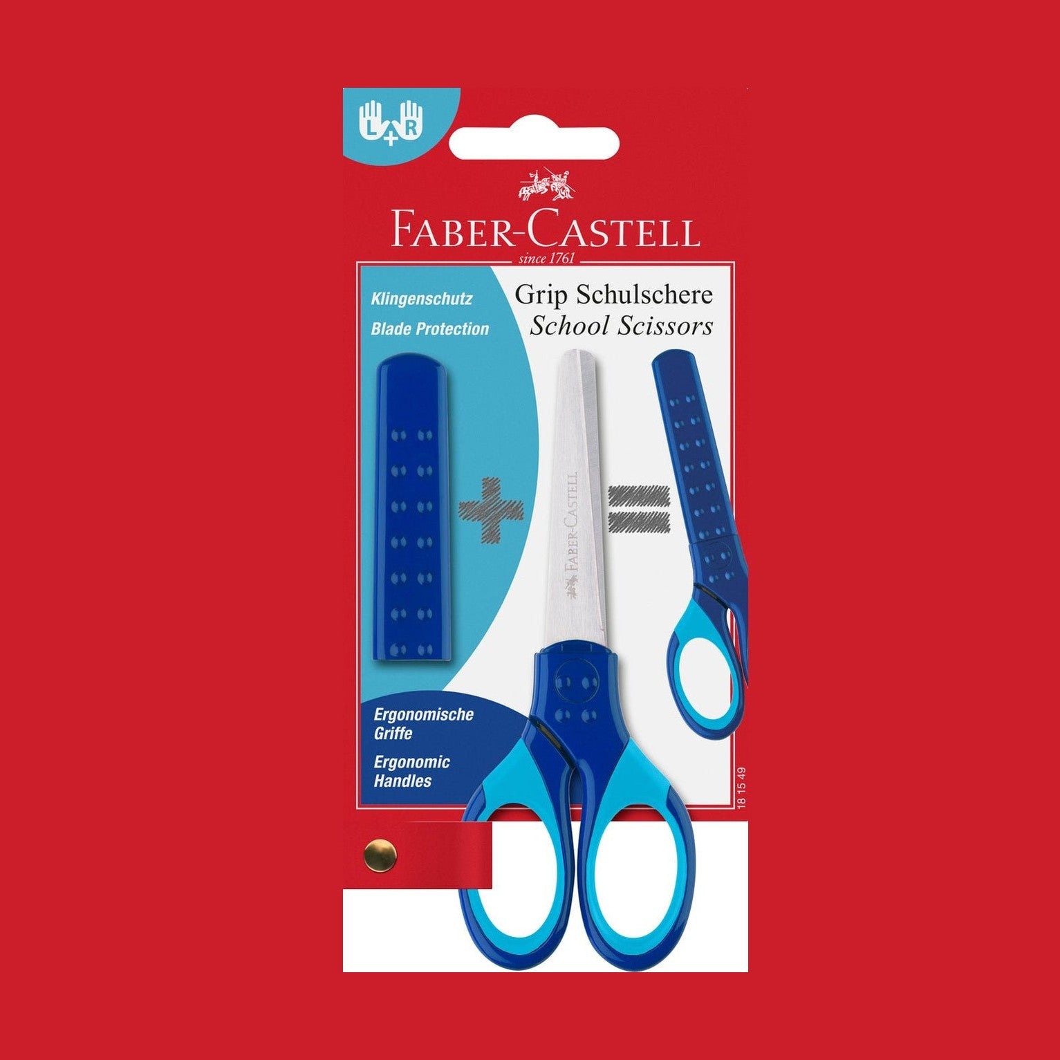 Tesoura Faber-Castell Grip com proteção L+R Azul - Papelaria Encantada