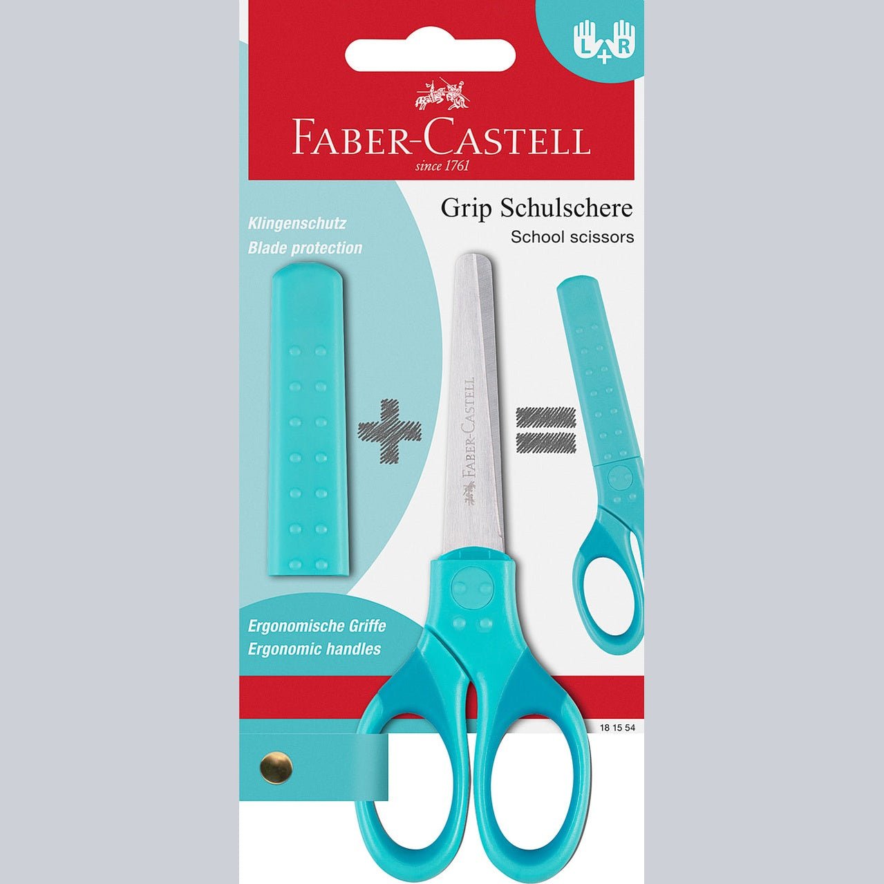 Tesoura Faber-Castell Grip com proteção L+R Azul Turquesa - Papelaria Encantada